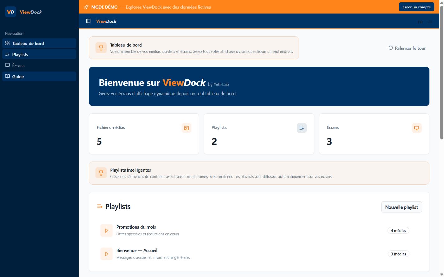 Tableau de bord privé ViewDock pour gérer médias, playlists et écrans