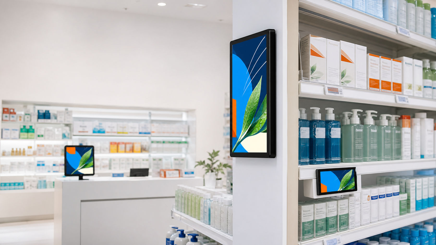 Écrans ViewDock installés en pharmacie, en rayon et en tête de gondole